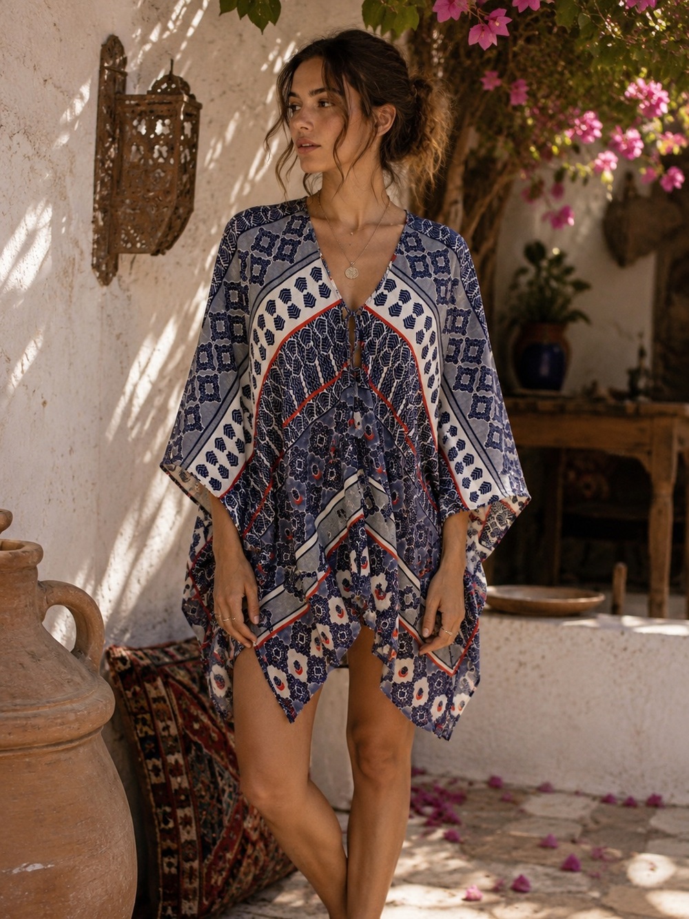 Natori Navy Blue White Orange Diamond Floral Striped Print Kaftan Tunic L Beach
